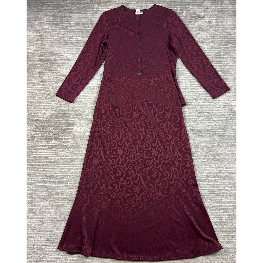 Coldwater Creek Skirt Set Womens M Burgundy Scroll Damask Cardigan Maxi 2-Piece